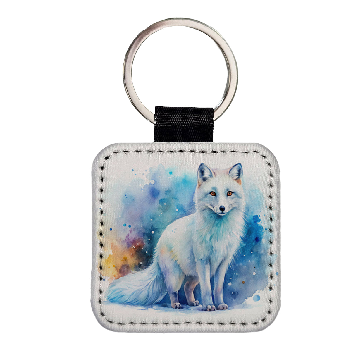 Arctic Fox Watercolor Square Faux Leather Keychain