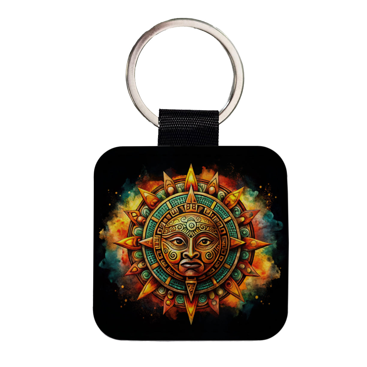 Aztec Sun God Symbol Watercolor Square Faux Leather Keychain