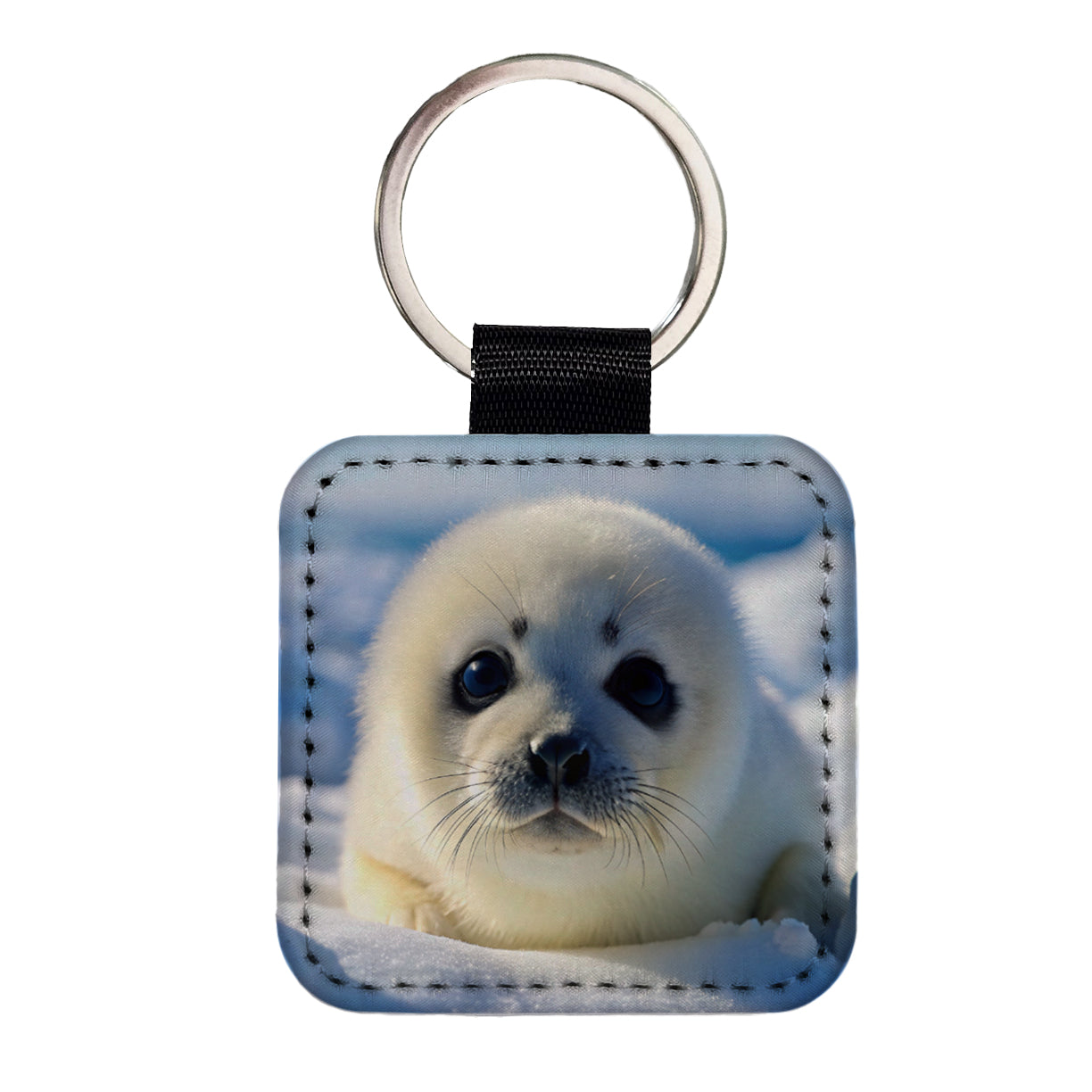 Baby Harp Seal Square Faux Leather Keychain