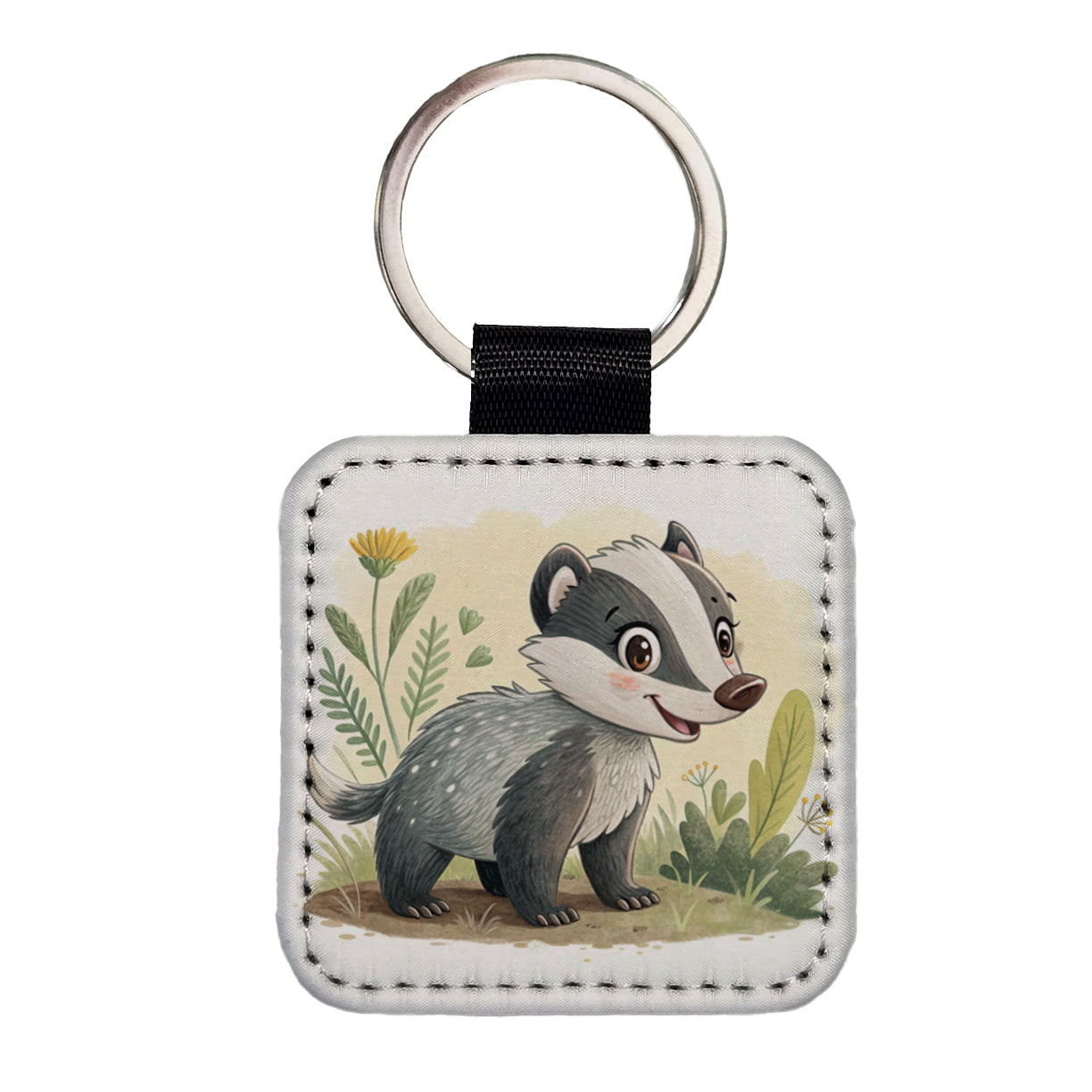 Badger Children's Illustration Style Square Faux Leather Keychain