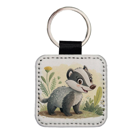 Badger Children's Illustration Style Square Faux Leather Keychain