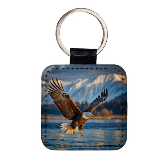 Bald Eagle Flying Raptor Bird Of Prey Square Faux Leather Keychain