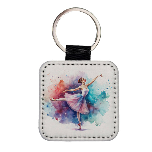 Ballet Dancer Watercolor Square Faux Leather Keychain
