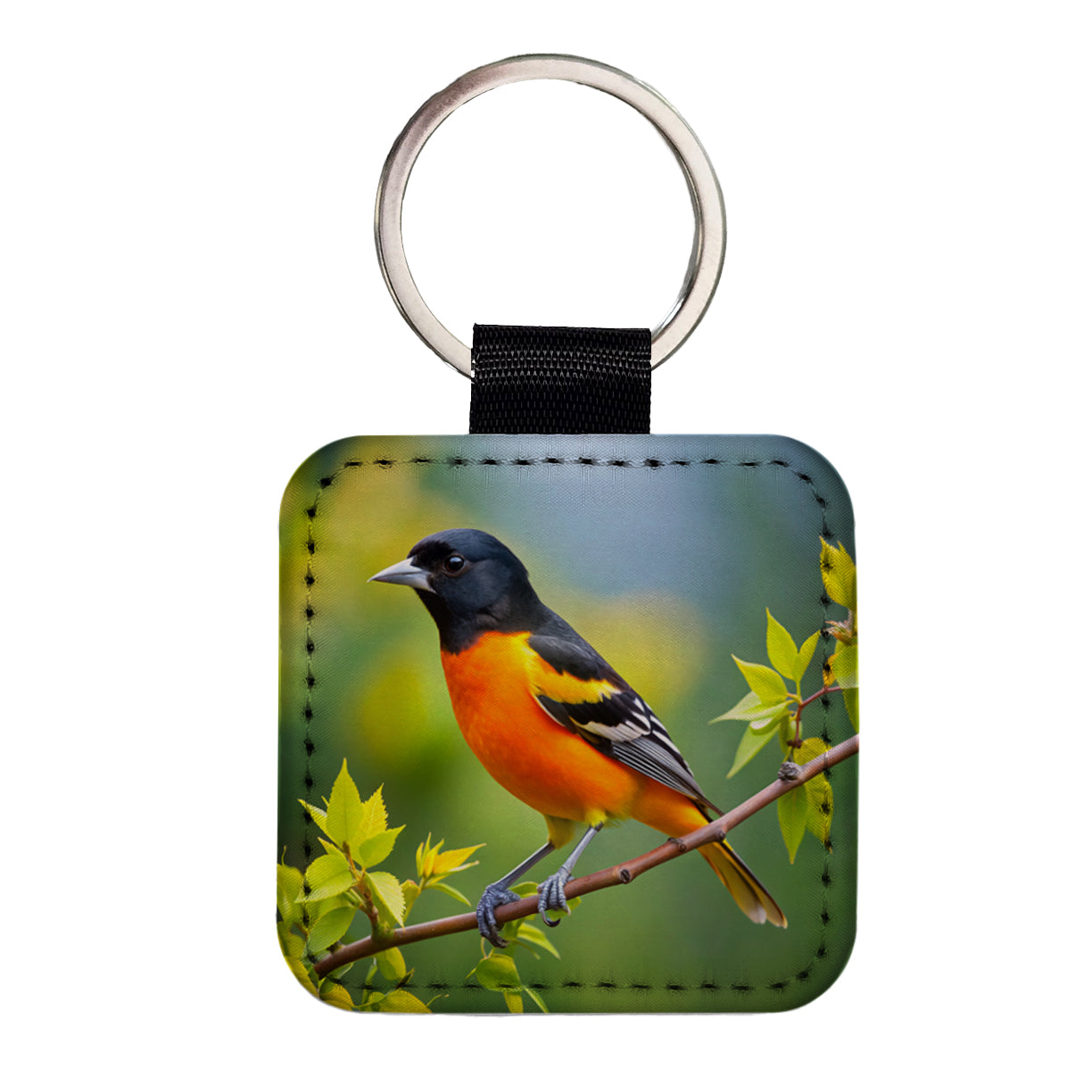 Baltimore Oriole Backyard Bird Square Faux Leather Keychain