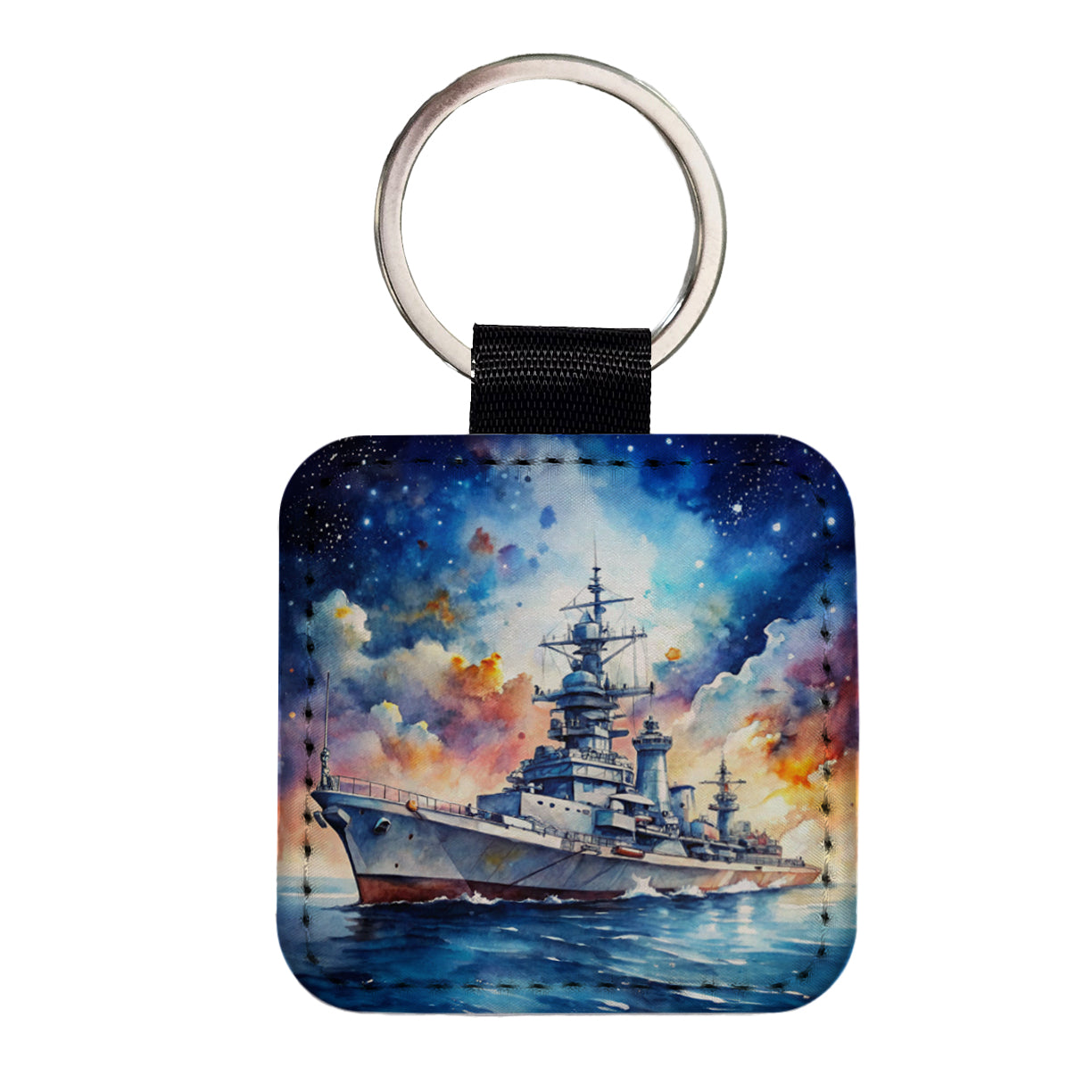 Battleship Under Fantasy Sky Watercolor Square Faux Leather Keychain