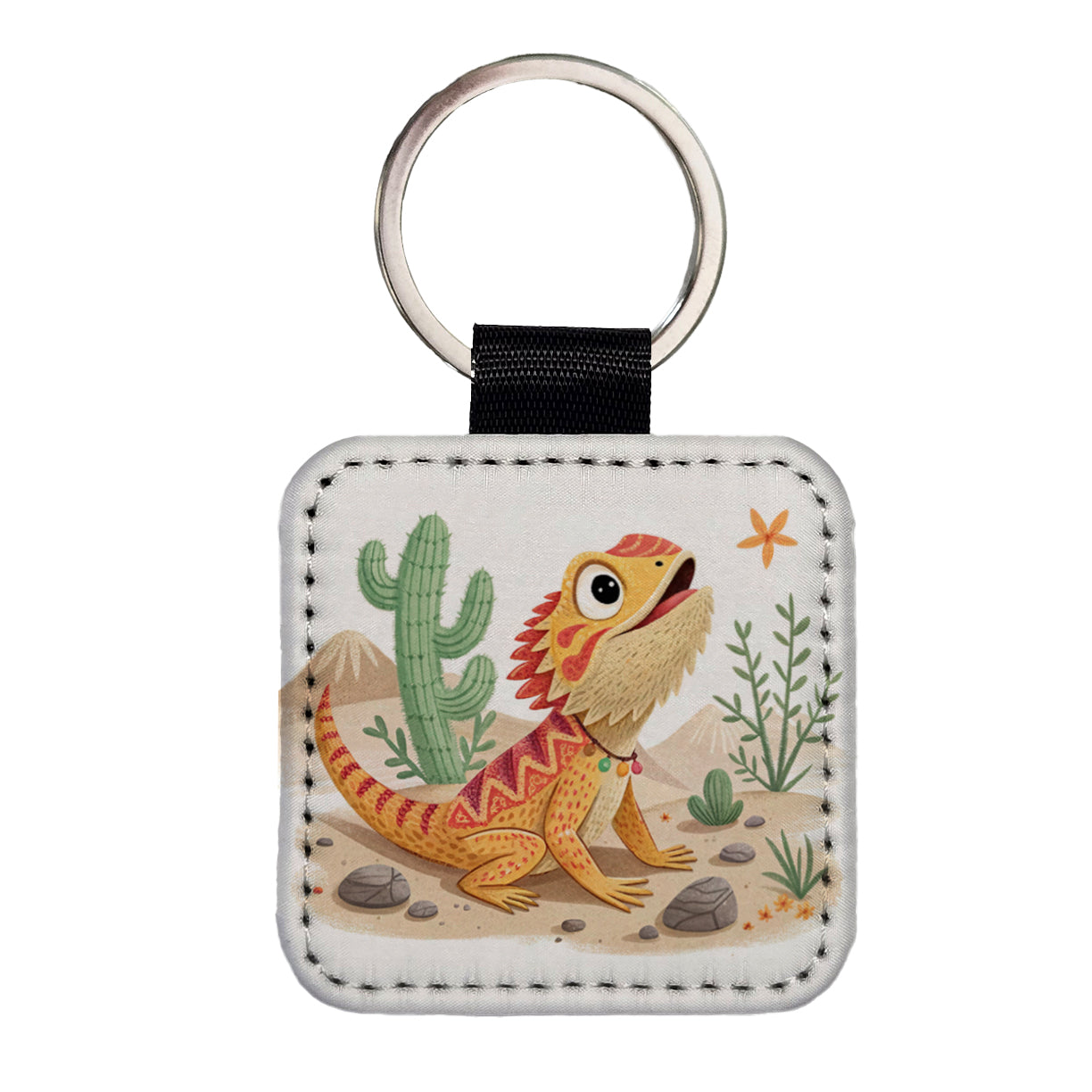 Bearded Dragon Children's Illustration Style Square Faux Leather Keychain