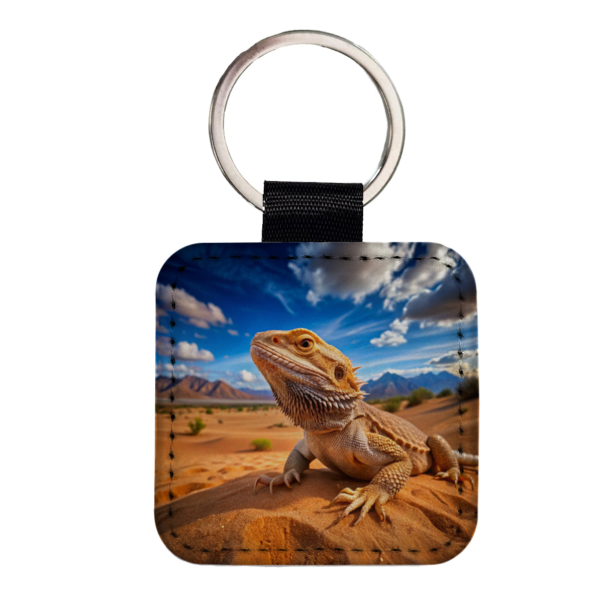 Bearded Dragon Lizard Reptile in the Desert Square Faux Leather Keychain