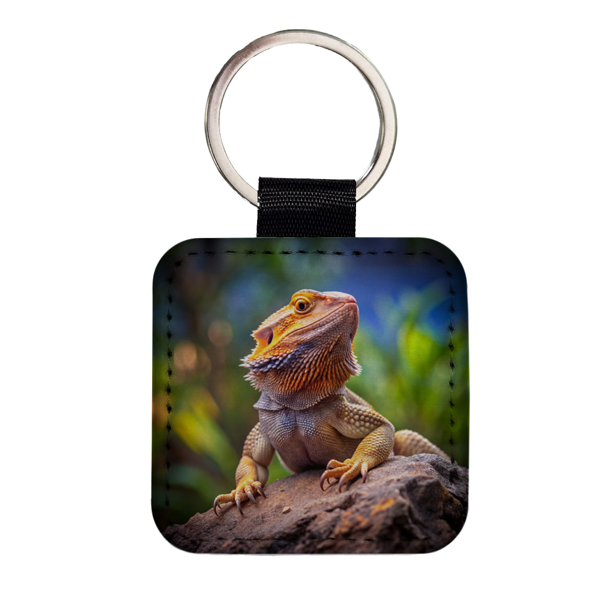 Bearded Dragon Lizard Reptile On Rock Square Faux Leather Keychain