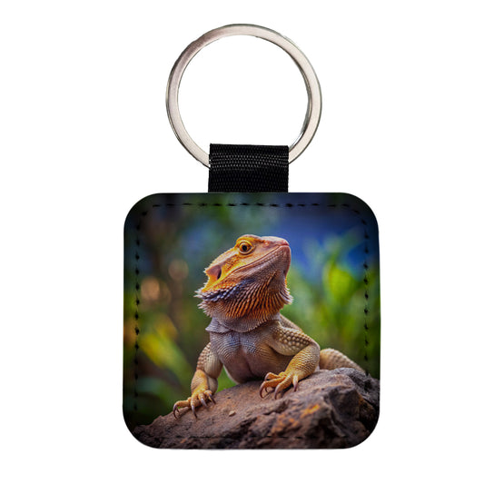 Bearded Dragon Lizard Reptile On Rock Square Faux Leather Keychain
