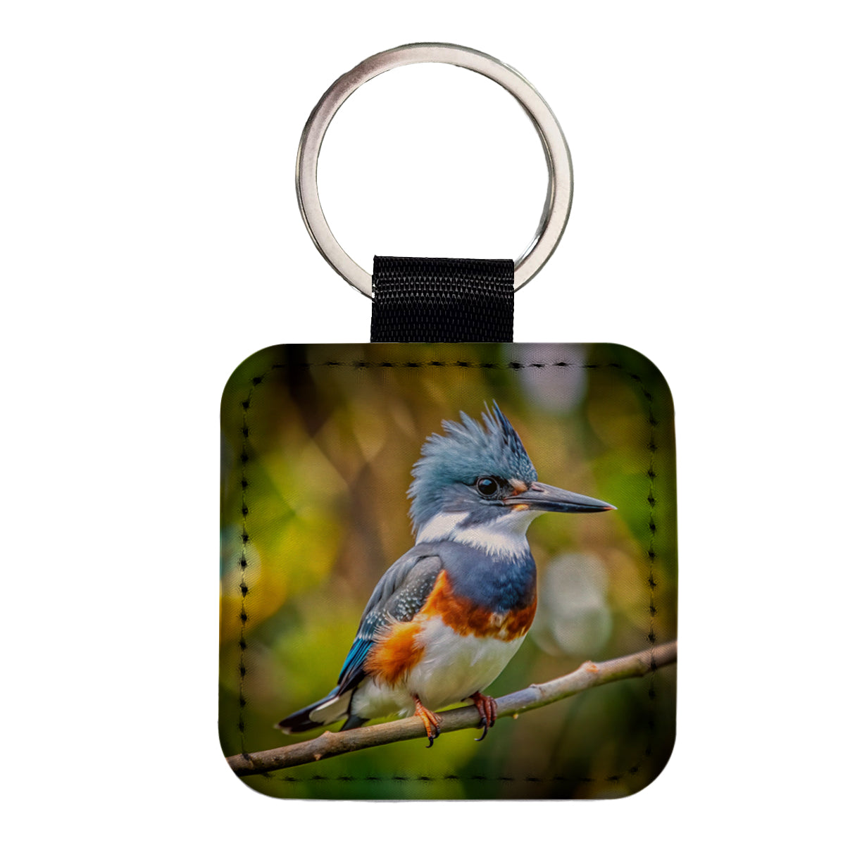 Belted Kingfisher Backyard Bird Square Faux Leather Keychain