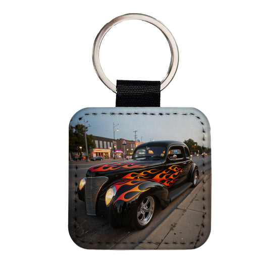 Black Hot Rod Classic Car With Flames Square Faux Leather Keychain