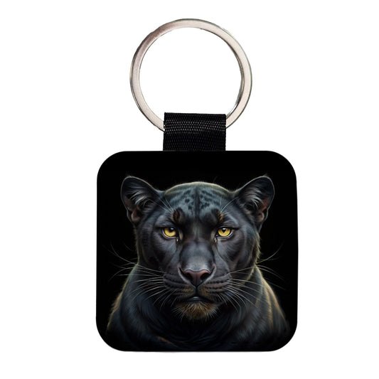 Black Panther Face Art Square Faux Leather Keychain