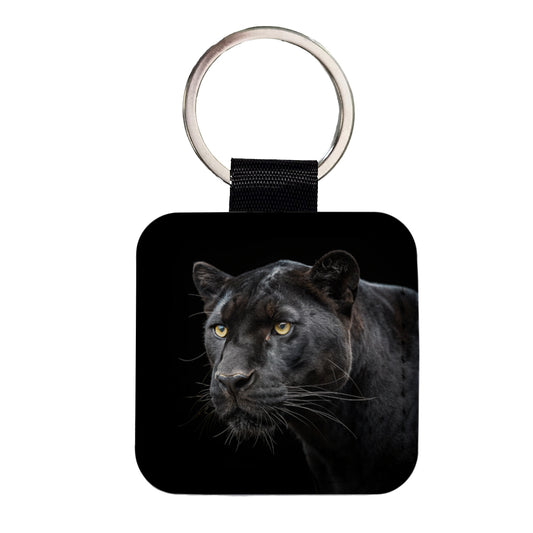 Black Panther Face Square Faux Leather Keychain