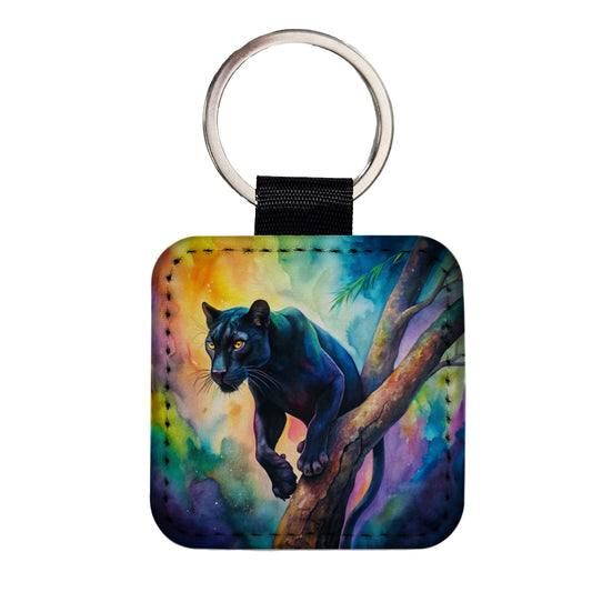 Black Panther In Tree Watercolor Square Faux Leather Keychain