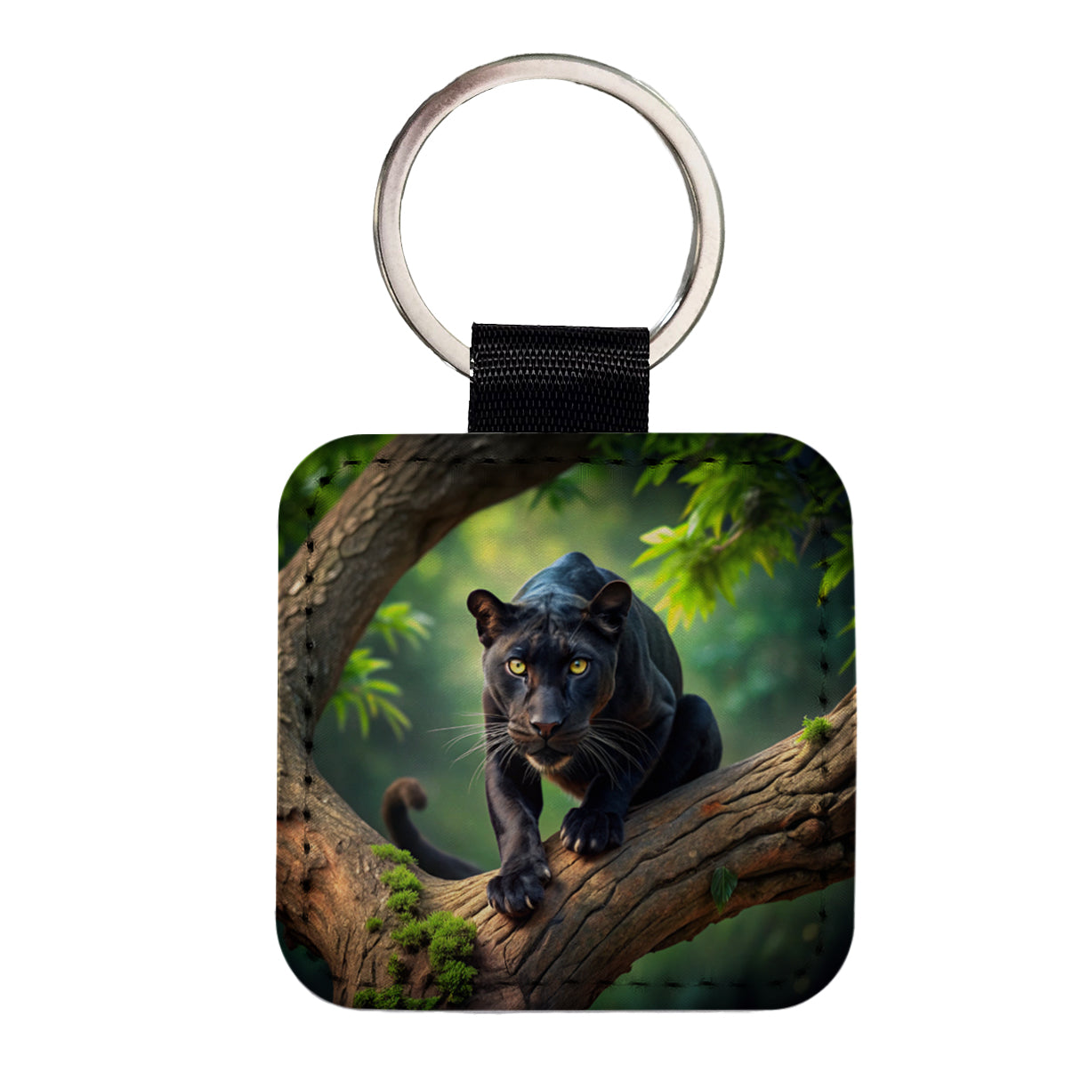 Black Panther on Branch Square Faux Leather Keychain
