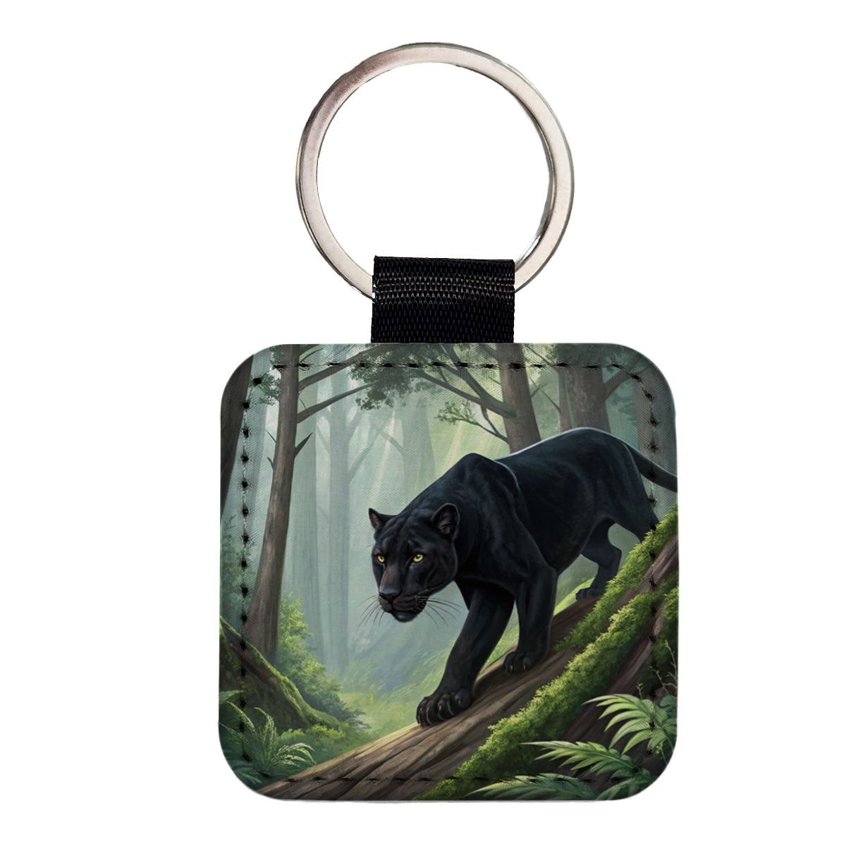 Black Panther Stalking Prey Square Faux Leather Keychain