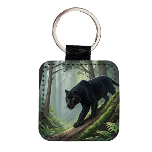 Black Panther Stalking Prey Square Faux Leather Keychain