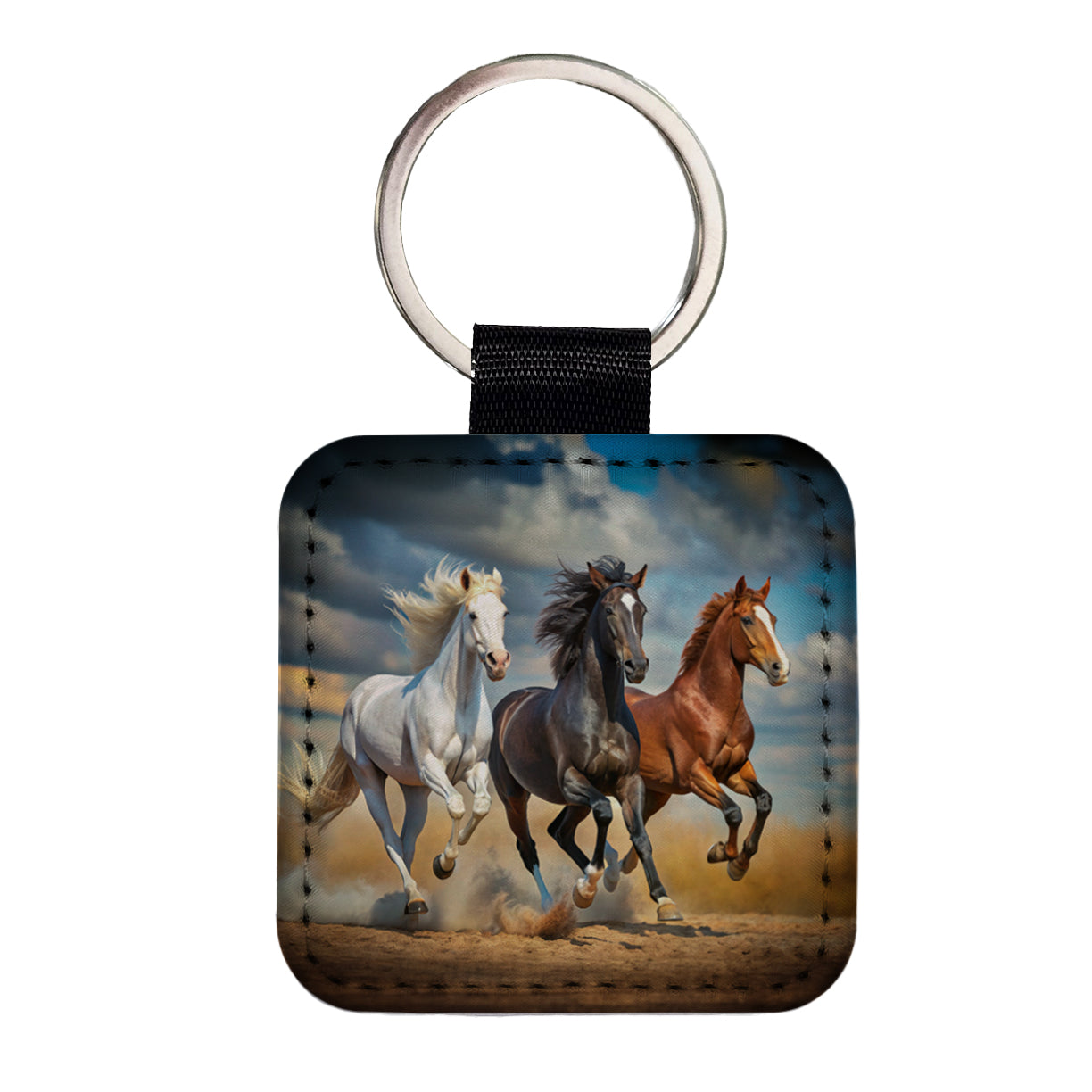 Black White and Brown Horses Galloping Square Faux Leather Keychain