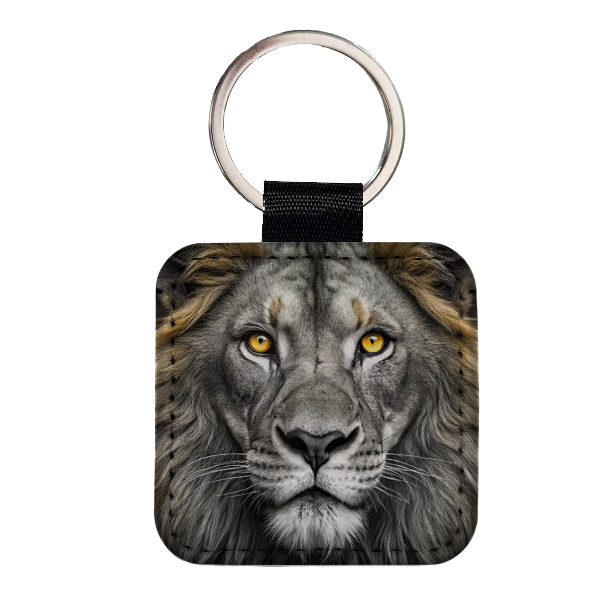Black White Lion's Face with Gold Eyes Square Faux Leather Keychain