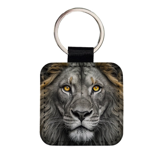 Black White Lion's Face with Gold Eyes Square Faux Leather Keychain