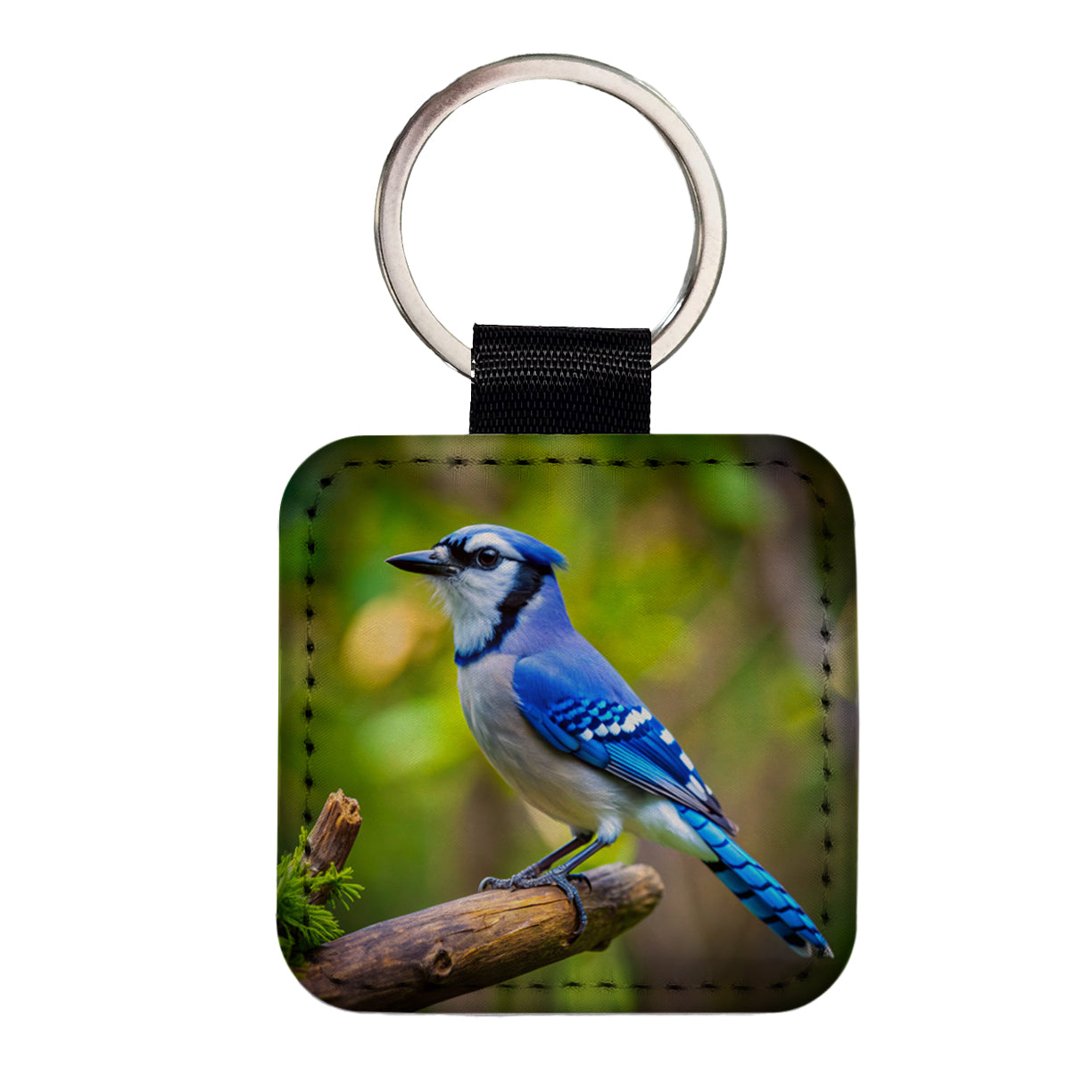 Blue Jay Backyard Bird Square Faux Leather Keychain