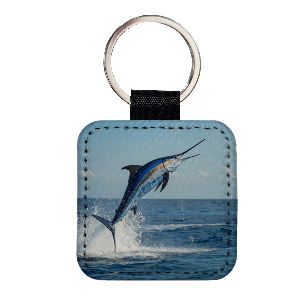 Blue Marlin Fish Leaping Out Of Water Square Faux Leather Keychain