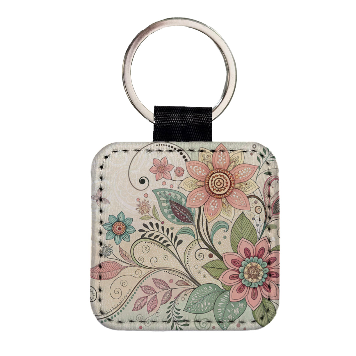 Boho Floral Flowers Leaves Square Faux Leather Keychain