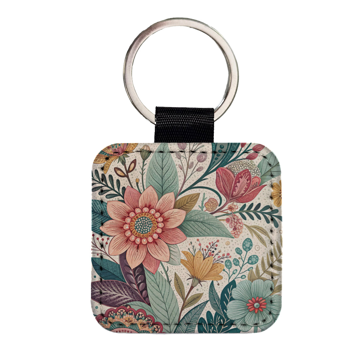 Boho Pastel Floral Pattern Square Faux Leather Keychain