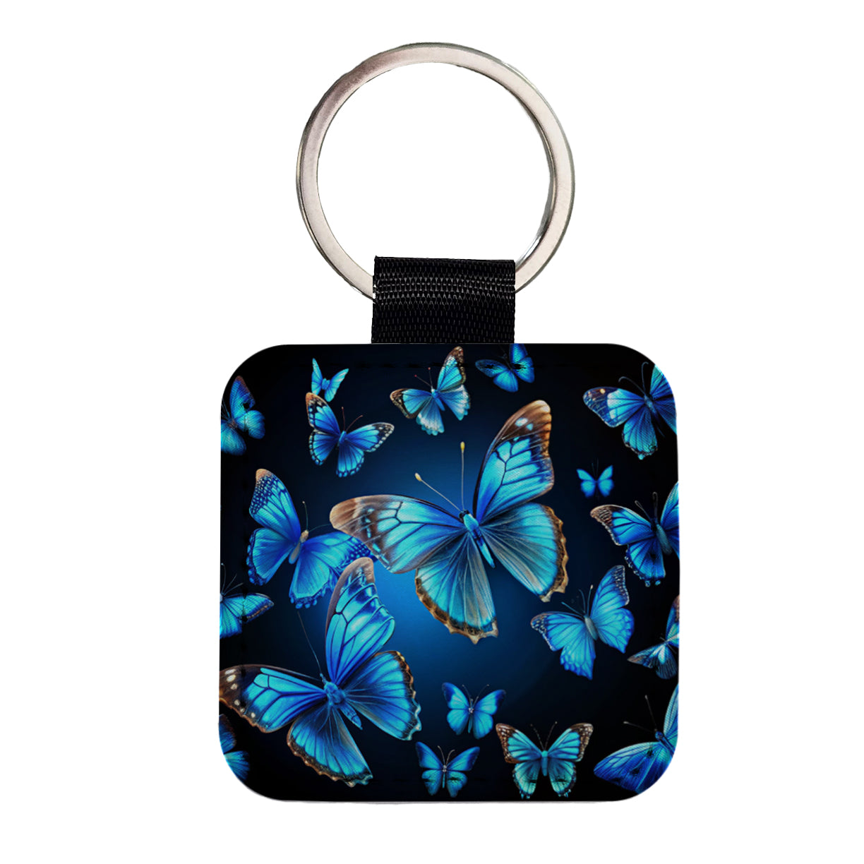 Bright Neon Blue Butterflies Square Faux Leather Keychain