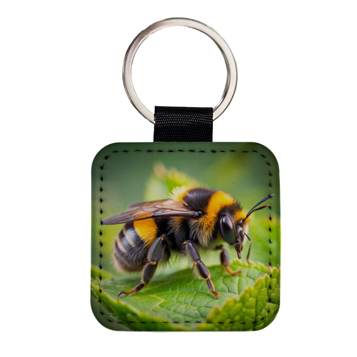 Bumblebee Bee on Leaf Square Faux Leather Keychain