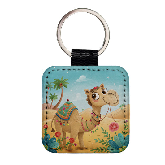 Camel Children's Illustration Style Square Faux Leather Keychain