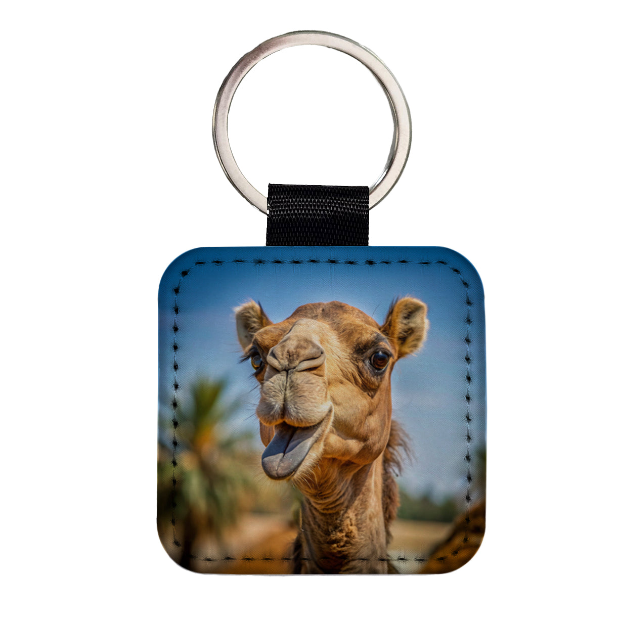 Camel Face With Tongue Sticking Out Square Faux Leather Keychain
