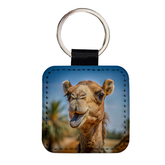 Camel Face With Tongue Sticking Out Square Faux Leather Keychain