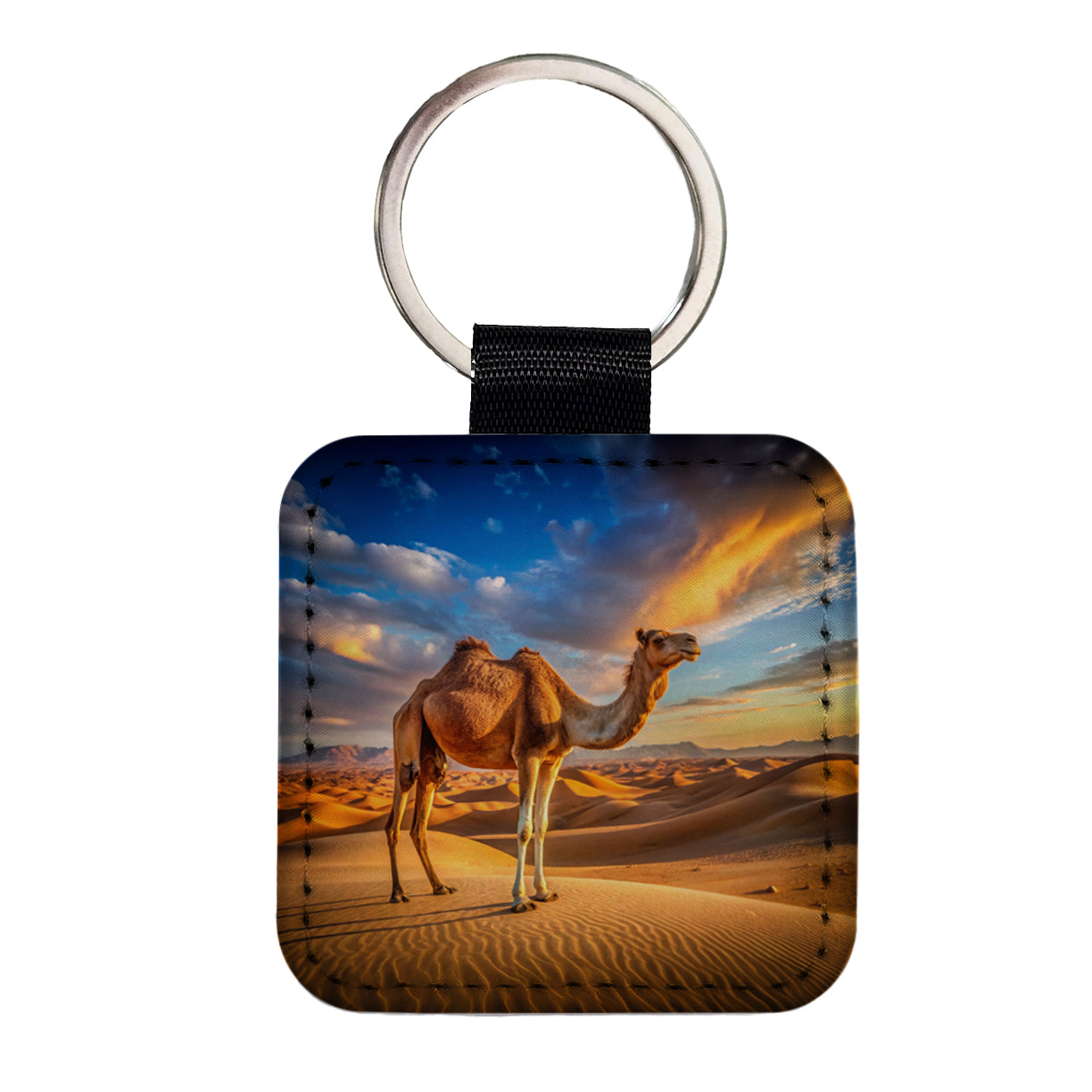 Camel Standing In Desert Square Faux Leather Keychain