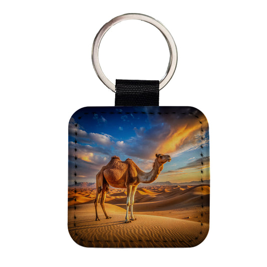 Camel Standing In Desert Square Faux Leather Keychain