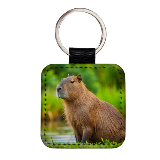 Capybara Square Faux Leather Keychain