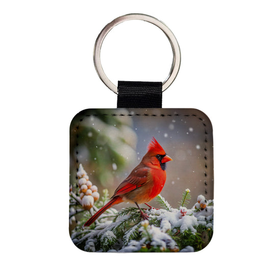 Cardinal In Winter Backyard Bird Square Faux Leather Keychain
