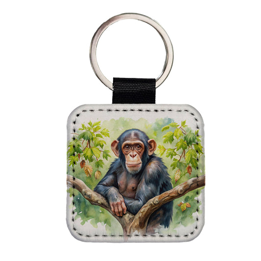 Chimpanzee Monkey In Tree Watercolor Square Faux Leather Keychain