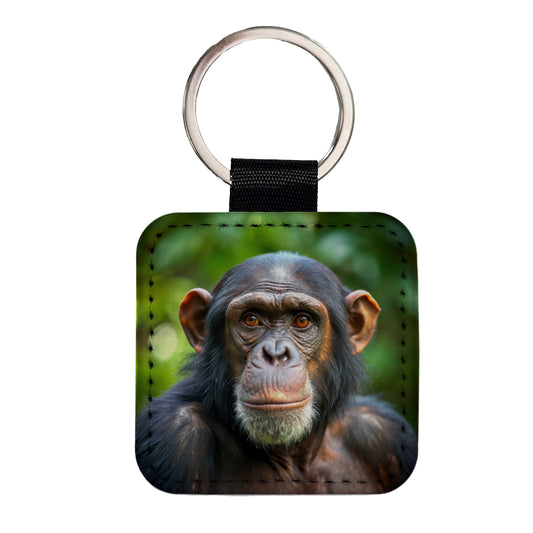 Chimpanzee Monkey Square Faux Leather Keychain