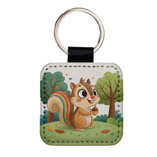 Chipmunk Children's Illustration Style Square Faux Leather Keychain
