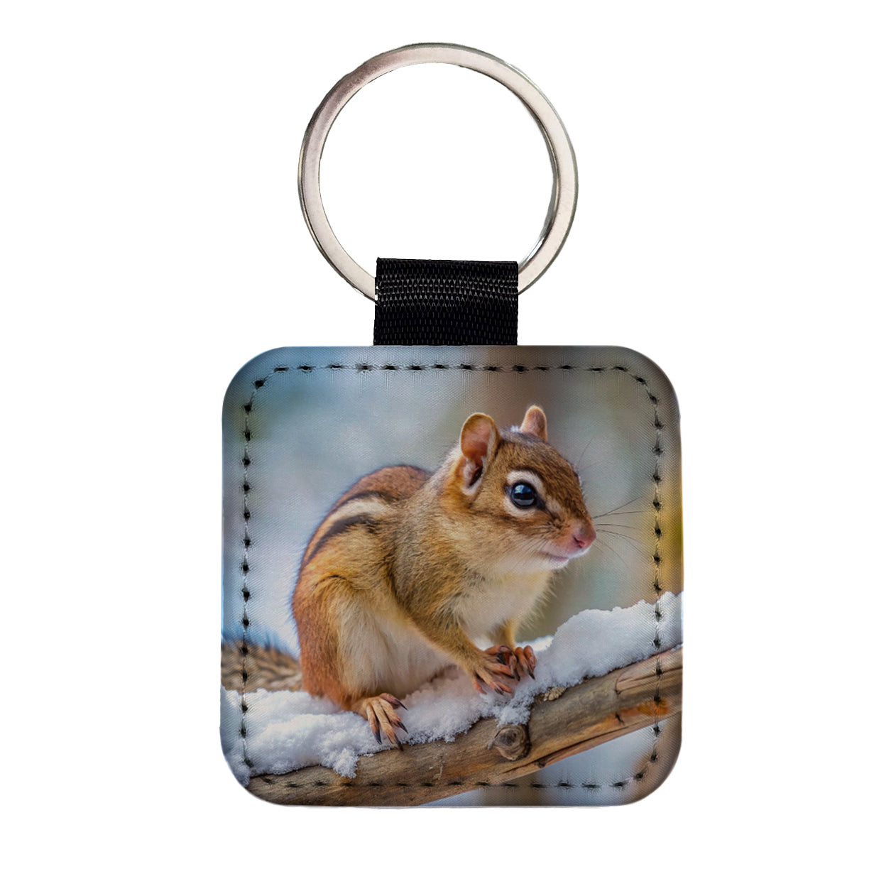 Chipmunk On Branch In Winter Square Faux Leather Keychain