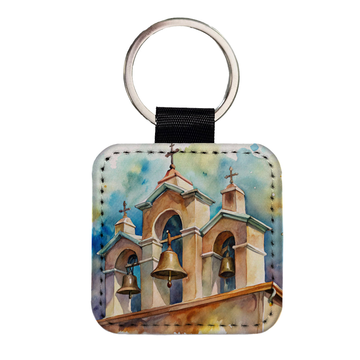 Church Mission Bells Watercolor Square Faux Leather Keychain