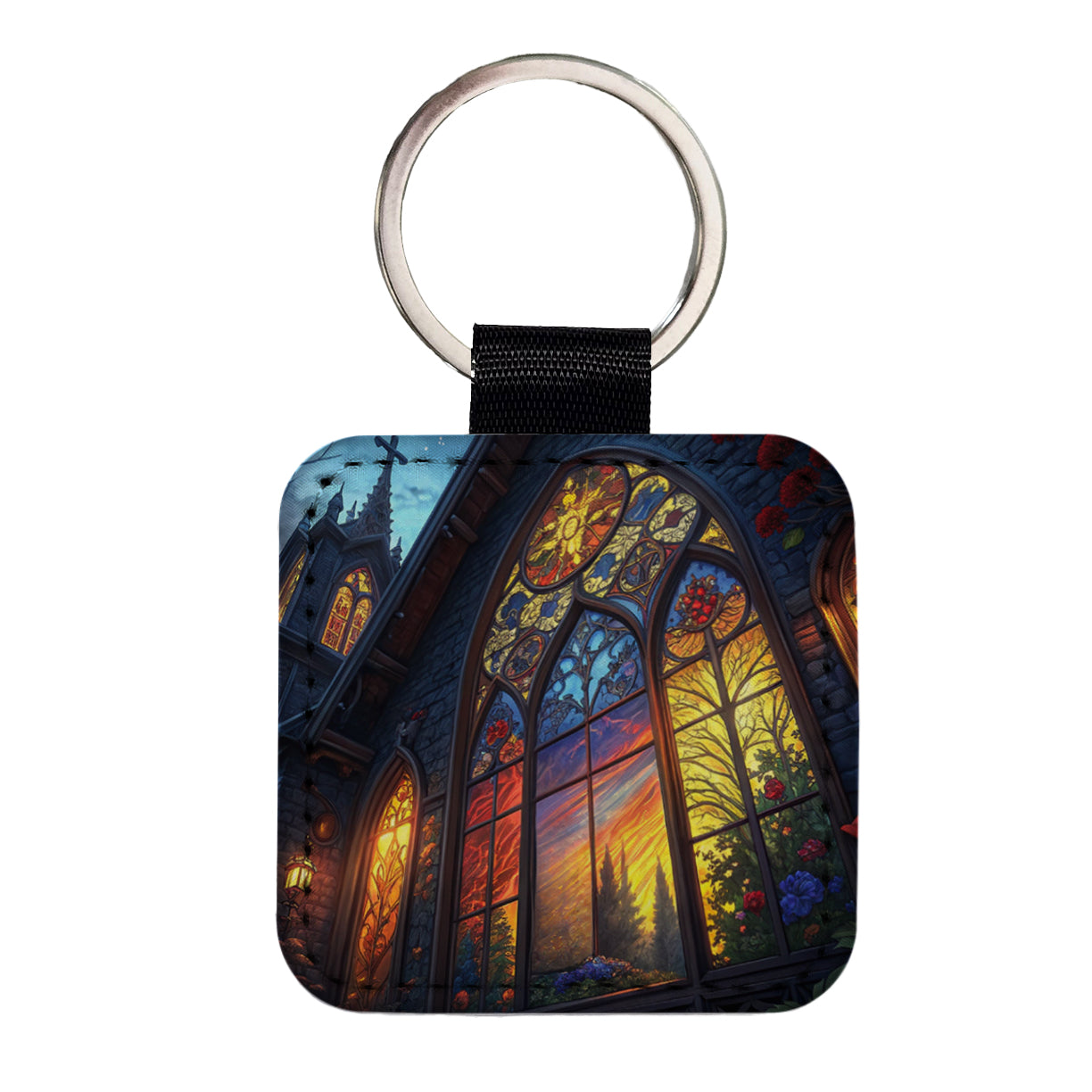 Church Stained Glass Windows at Night Square Faux Leather Keychain