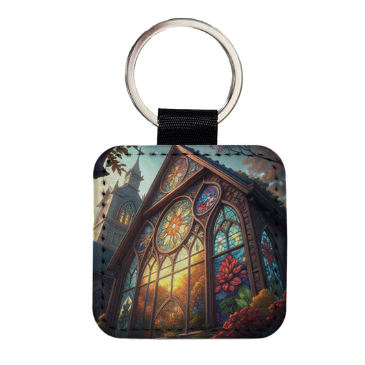 Church Stained Glass Windows Square Faux Leather Keychain