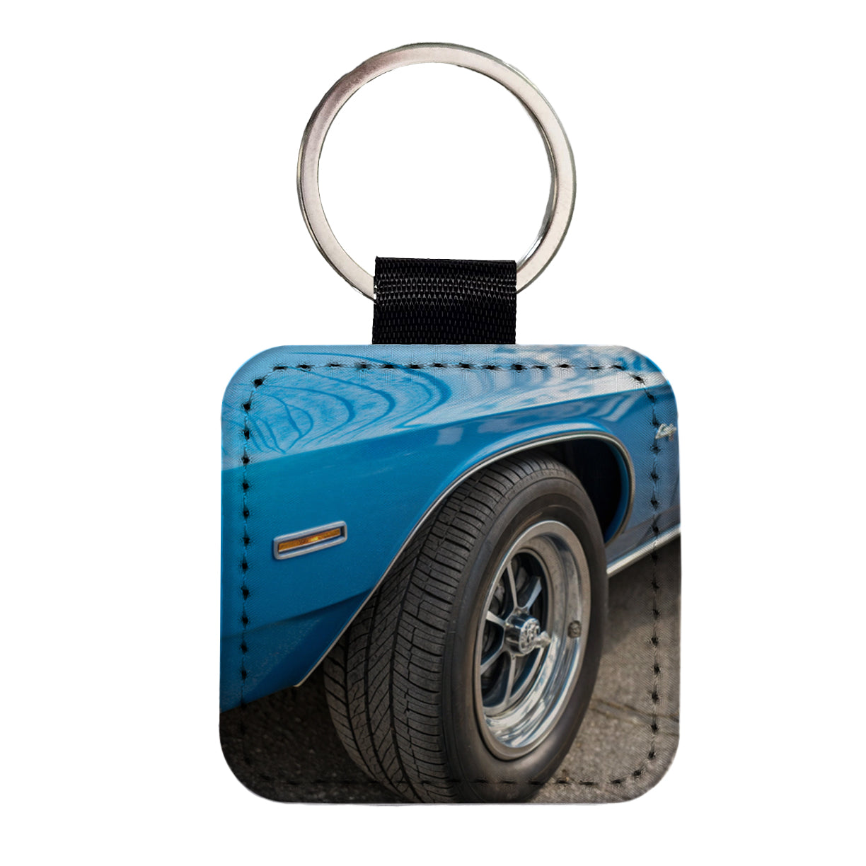 Classic Blue Muscle Car Square Faux Leather Keychain