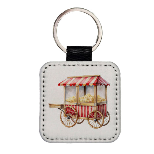Classic Movie Popcorn Vendor Cart Watercolor Square Faux Leather Keychain