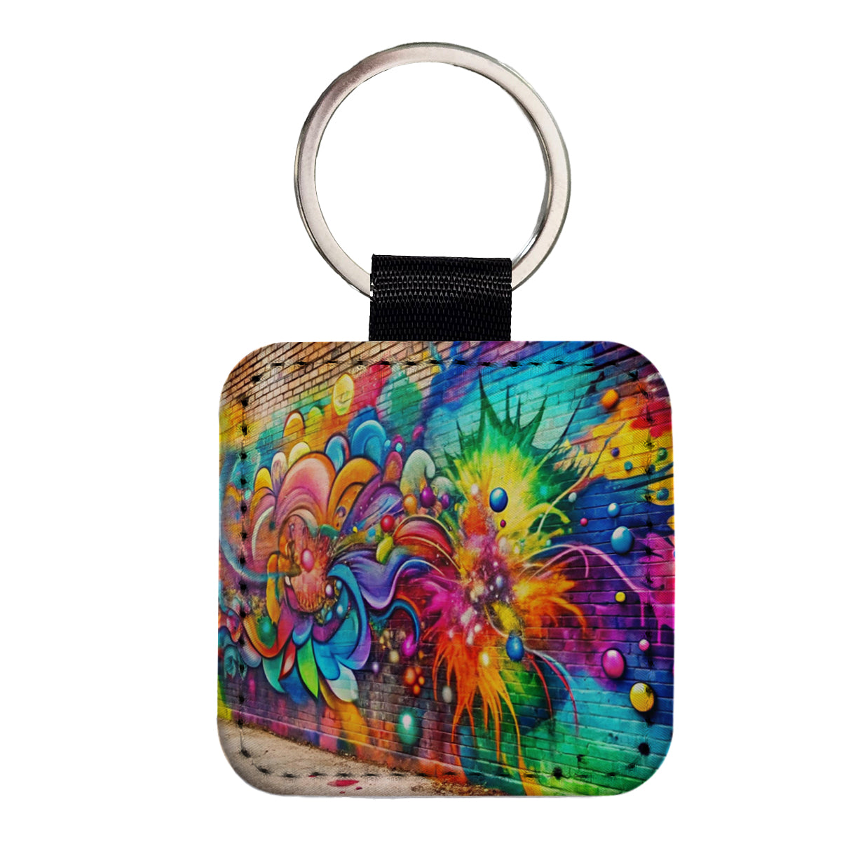 Colorful Graffiti On City Wall Square Faux Leather Keychain