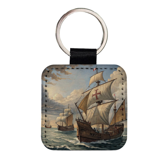 Columbus's Ships Nina, Pinta, And The Santa Maria Square Faux Leather Keychain