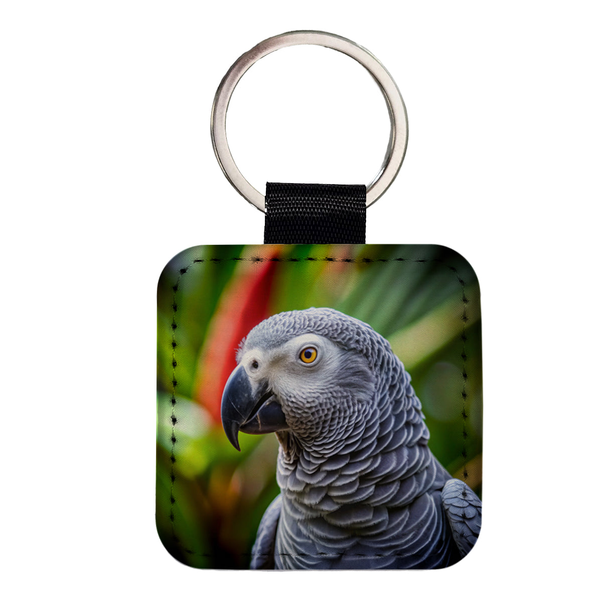 Congo African Grey Parrot Bird Square Faux Leather Keychain