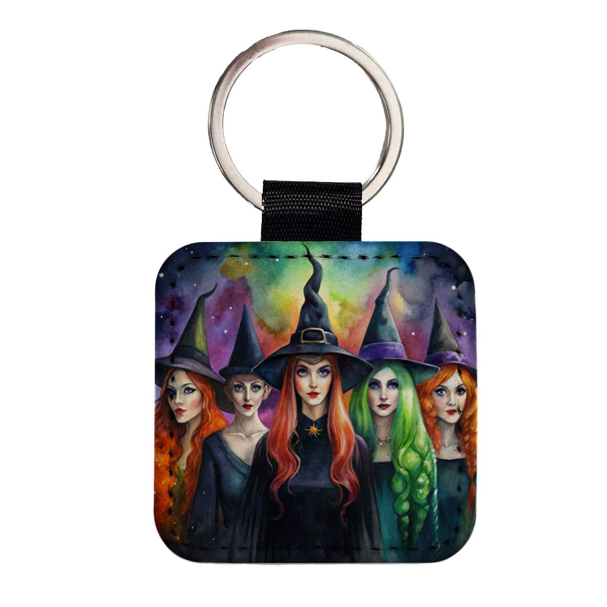 Coven Of Witches Black Watercolor Square Faux Leather Keychain